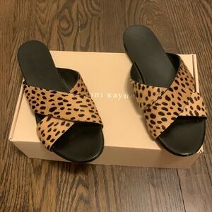 Jenny Kayne pony hair crossover sandals in Cheetah print.